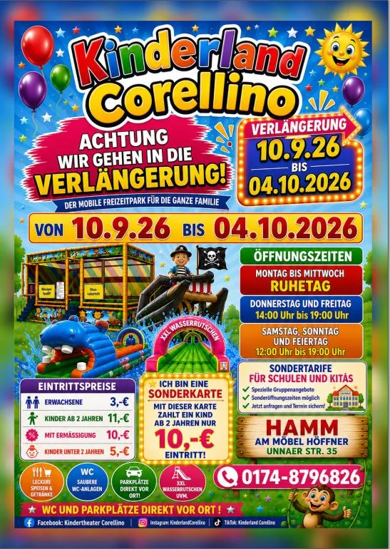 Kinderland Corellino verlängert den Freizeitspaß in Hamm vom 10.9. - 4.10.2026